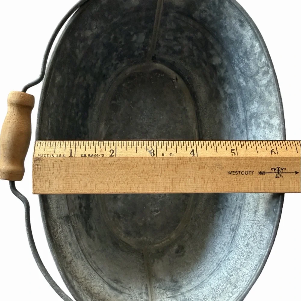 Rustic Galvanized Metal Bucket w/ Wooden Handle Farmhouse Decor